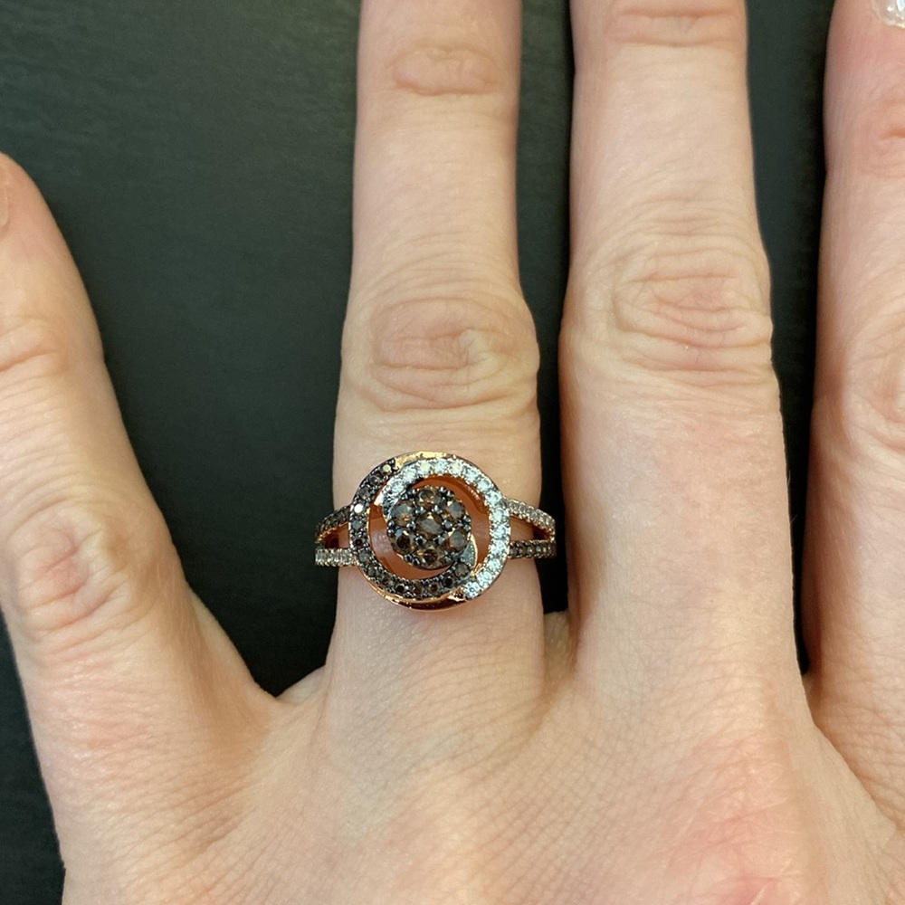 Rose Gold Chocolate White and Brown Cubic Zirconia Statement Ring size 5